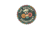 A circular retro-style logo or sticker design reading 'THE DESERT DEPARTMENT' with illustrated desserts including a cookie, cupcake, and donut on a gray-and-white checkerboard background.